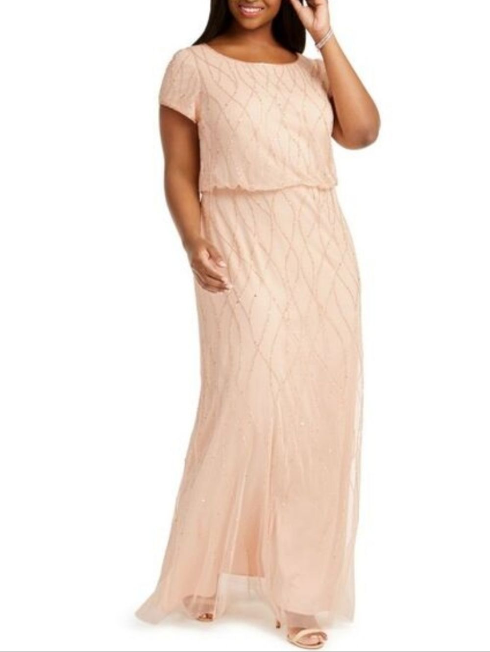 Adrianna Papell Womens Beaded Blouson Dress, champagne, 12P